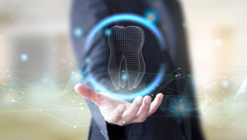 Hand holding a digital tooth icon surrounded by a glowing circle, representing innovative dental technology and modern dental care practices at Smith Dentalworks.