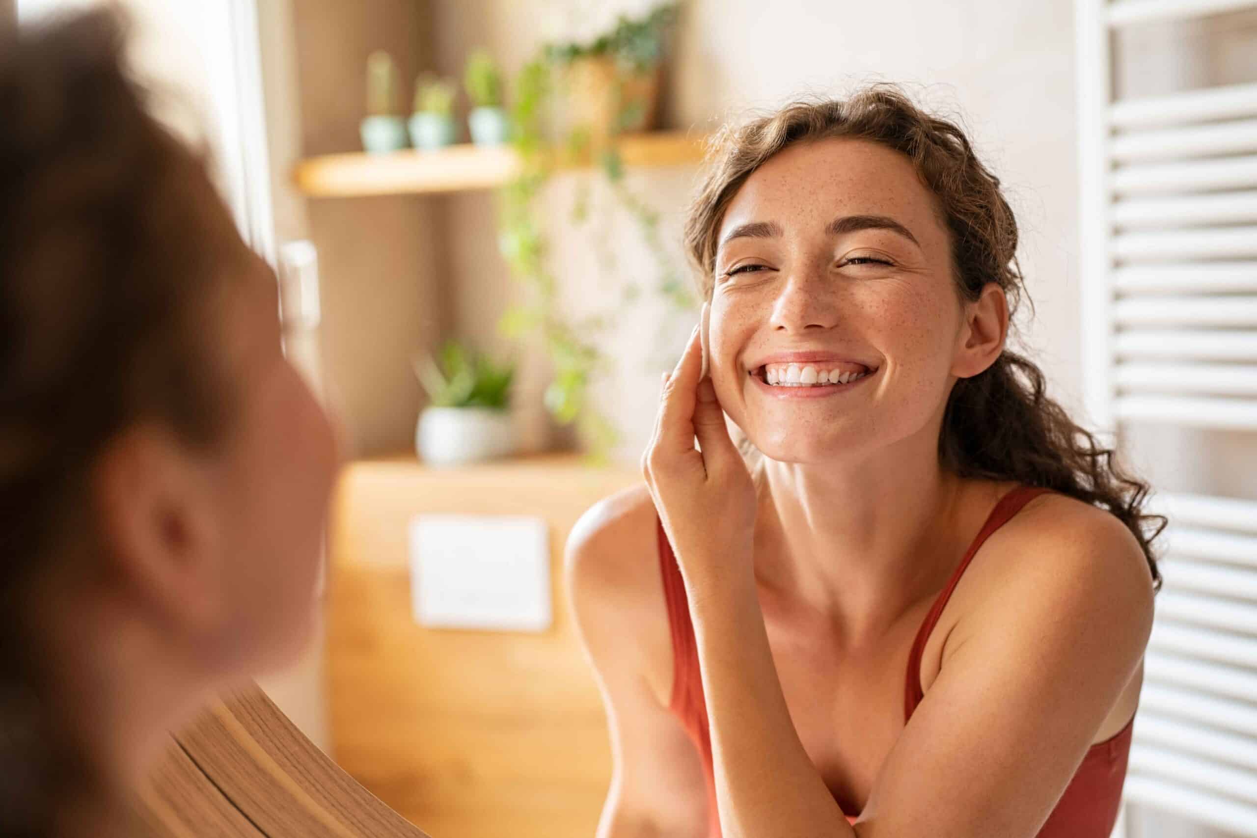 Woman smiling while applying skincare in a bright setting, emphasizing the connection between a healthy smile and mental well-being.
