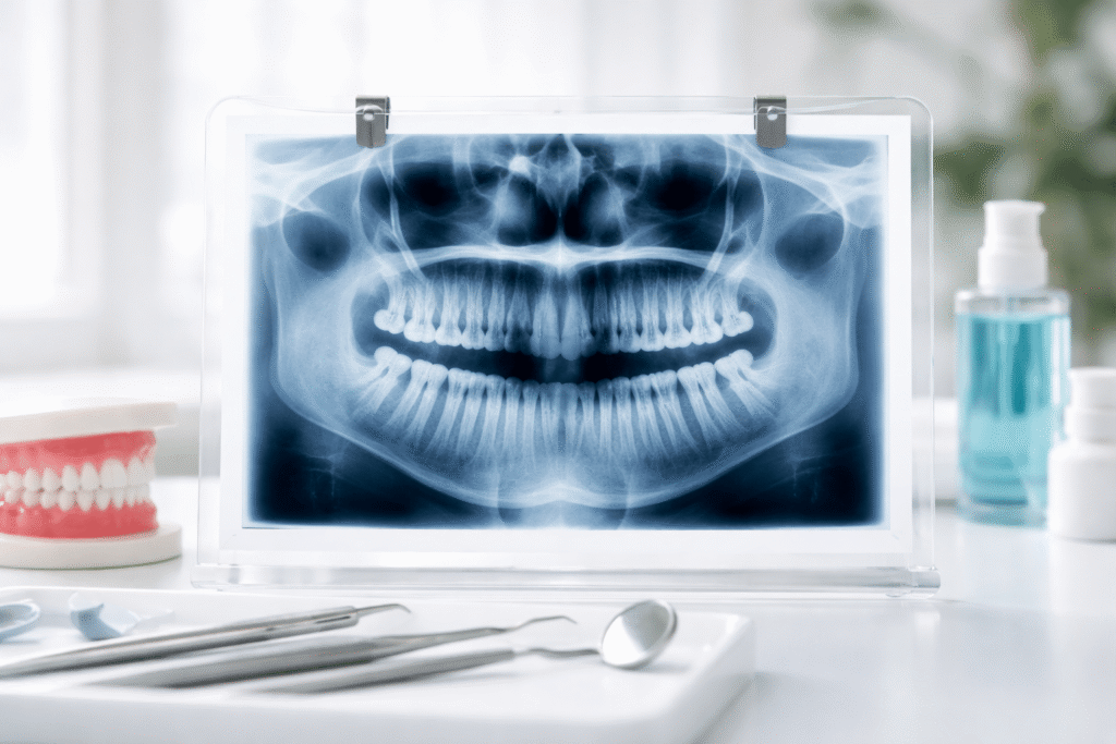 Dental X-ray displayed in a holder, with dental tools and a model of teeth in the background, illustrating routine dental checkups and exams.